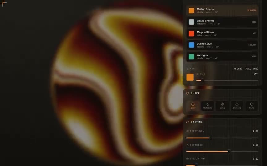 Frame from “Liquid Metal Foundry: shadcn-style integration of the prompt's verbatim `background-shades`” by @pulkitxm