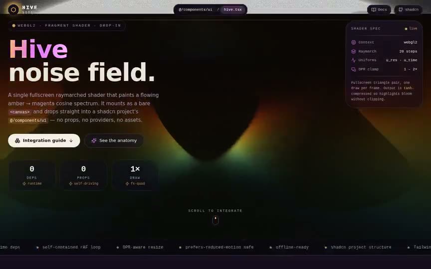 Frame from “Hive Noise Shader: "HIVE" — a faithful shadcn integration of the prompt's verbatim `hive.” by @pulkitxm