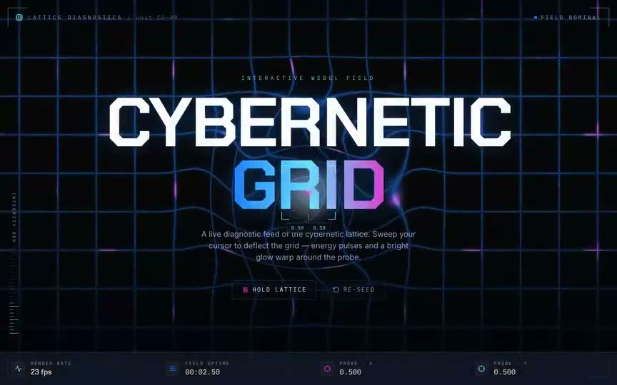 Frame from “Cybernetic Grid Shader: shadcn-style integration of the verbatim Three.js "Cybernetic Grid" sh” by @pulkitxm