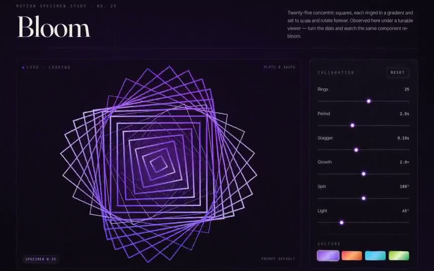 Frame from “Bloom Nested Squares: The shadcn "Bloom" NestedSquares component (25 violet-gradient squares” by @pulkitxm