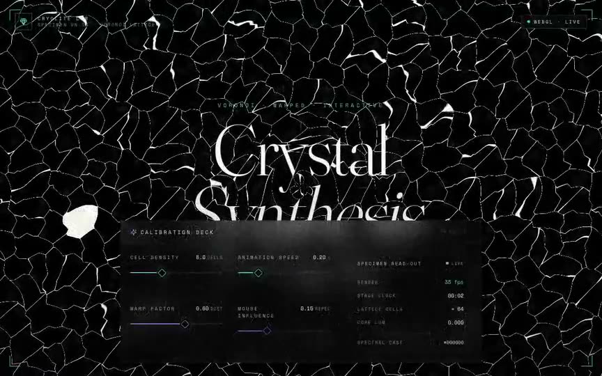 Frame from “Crystal Voronoi Shader: shadcn-style integration of the prompt's `crystal-shader` (`Interactiv” by @pulkitxm
