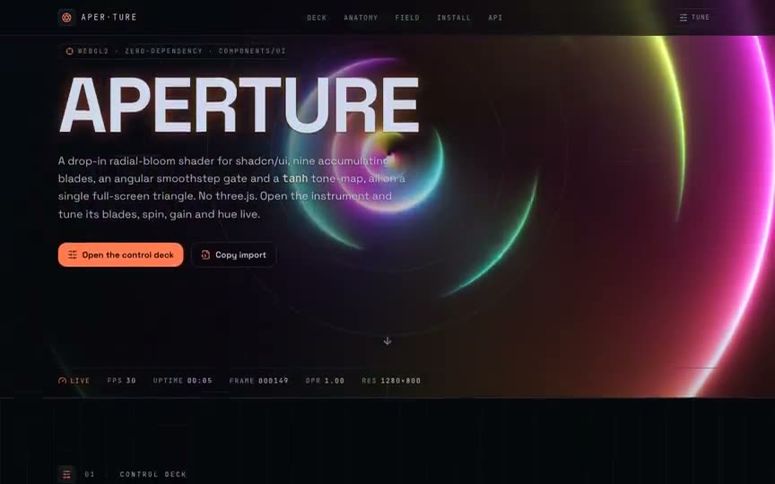 Frame from “Radial Aperture Shader: shadcn/Tailwind v4/TypeScript integration of the brief's raw-WebGL2 `r” by @pulkitxm