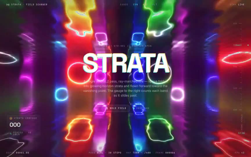 Frame from “Horizon Strata Shader: "STRATA" shadcn integration of the brief's verbatim WebGL2 `lab.tsx` —” by @pulkitxm