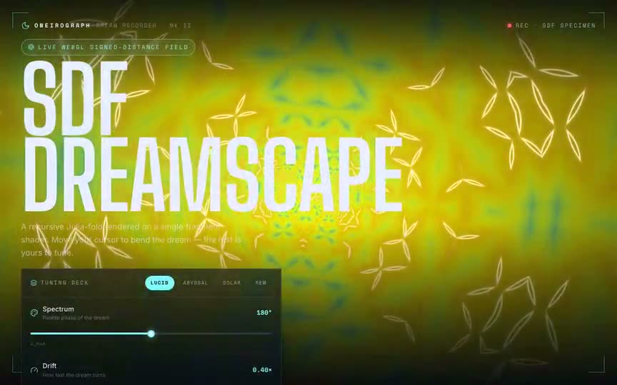 Frame from “Sdf Dreamscape Shader: shadcn-style integration of the verbatim "SDF Dreamscape" component —” by @pulkitxm