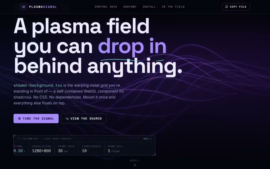 Frame from “Shader Plasma Grid Background: "PLASMASIGNAL" showcase for a drop-in WebGL plasma-grid background (sh” by @pulkitxm