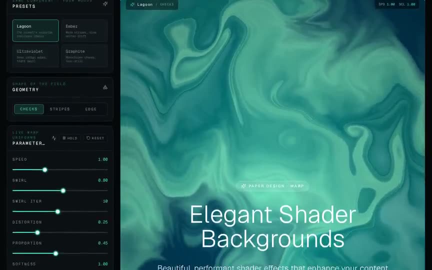 Frame from “Warp Shader Hero: shadcn-style integration of the prompt's verbatim `@paper-design/shade” by @pulkitxm