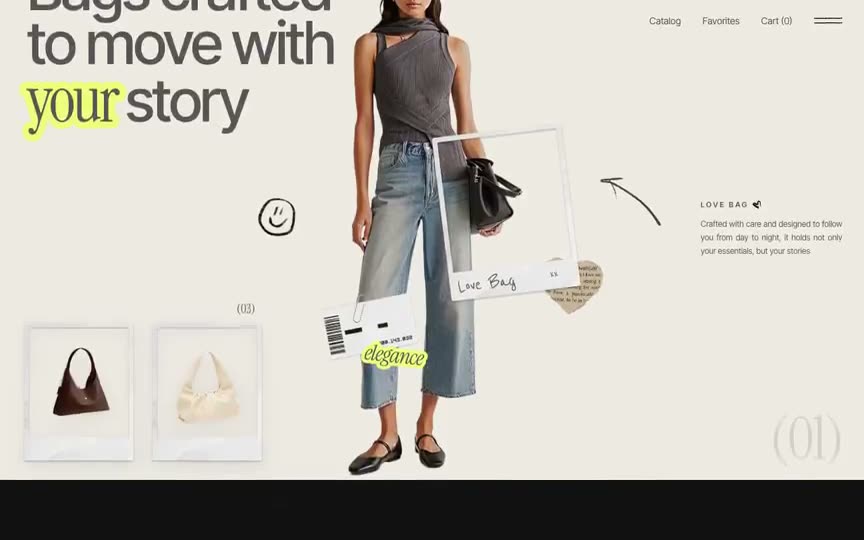Frame from “Bags Editorial Collage: Three-section animated bags landing — a warm cream editorial sticker-c” by @pulkitxm