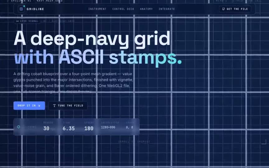Frame from “Blueprint Ascii Grid Shader: "GRIDLINE" shadcn-style integration of the brief's verbatim WebGL2 `as” by @pulkitxm