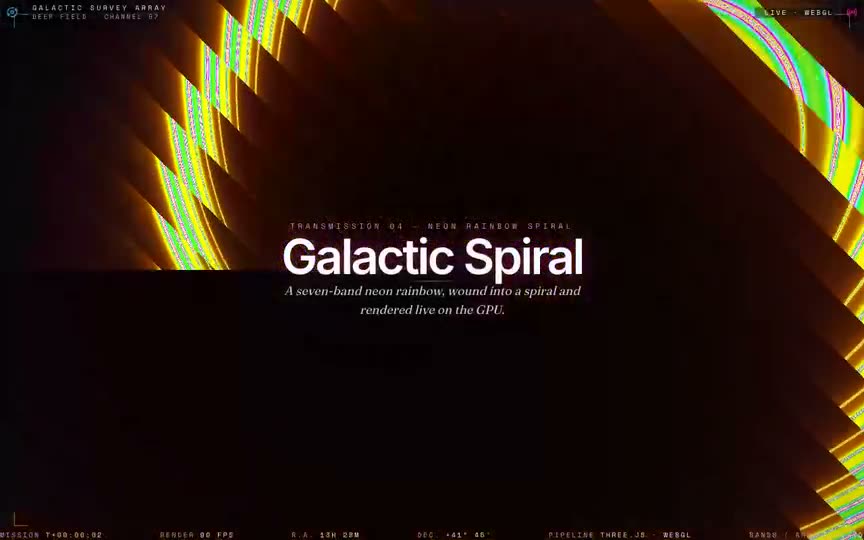 Frame from “Galactic Spiral Shader: shadcn-style integration of the verbatim Three.js `ShaderAnimation` (a” by @pulkitxm