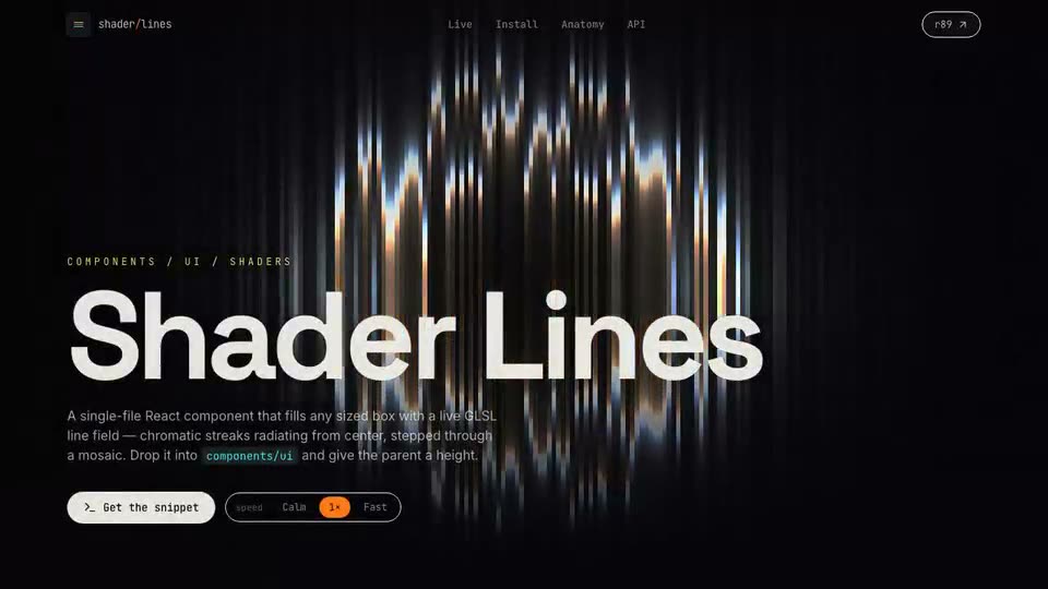 Frame from “Shader Lines Showcase: shadcn-style integration of the "Shader Lines" component — a generativ” by @pulkitxm