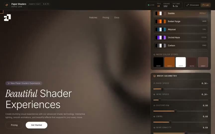 Frame from “Paper Shaders Hero Lab: shadcn integration of the 21st.dev "Beautiful Shader Experiences" hero” by @pulkitxm