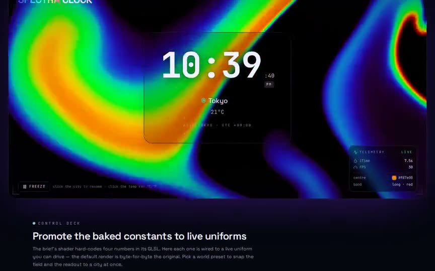 Frame from “Shader Spectral Clock: "SPECTRA CLOCK" integration of the brief's verbatim `shader-clock.tsx`” by @pulkitxm
