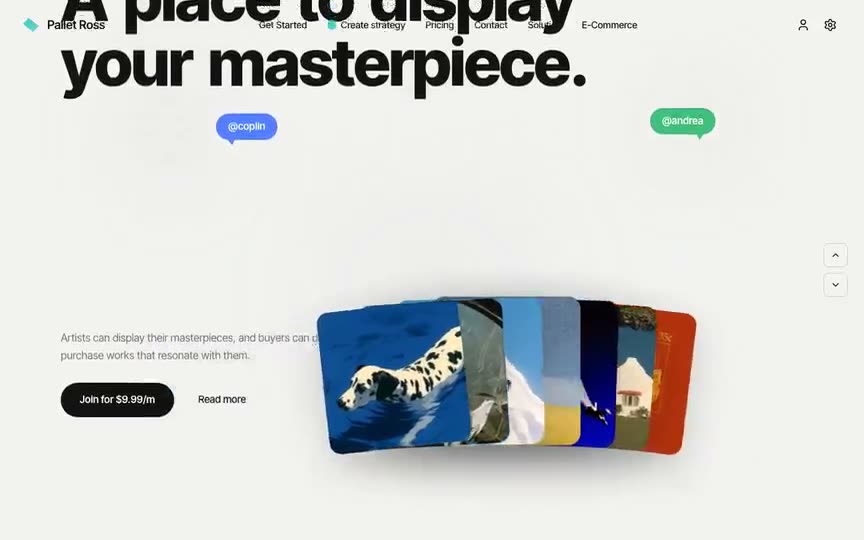 Frame from “Pallet Ross Landing: Scroll-driven landing for fictional artist marketplace "Pallet Ross" w” by @pulkitxm