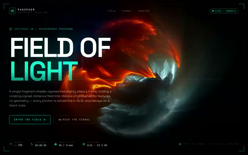 Frame from “Phosphor 30 Shader Hero: shadcn/Vite/TypeScript integration of the brief's raw-WebGL2 `phosphor” by @pulkitxm