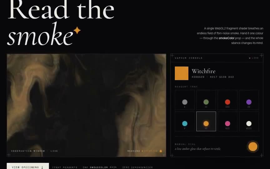 Frame from “Spooky Smoke Shader: "AETHER" séance instrument that integrates a WebGL2 fbm-noise smoke co” by @pulkitxm