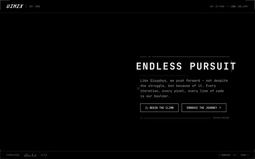 Frame from “Endless Pursuit Shader Hero: shadcn/Tailwind v4/TS integration of UIMIX's monochrome "ENDLESS PURSU” by @pulkitxm