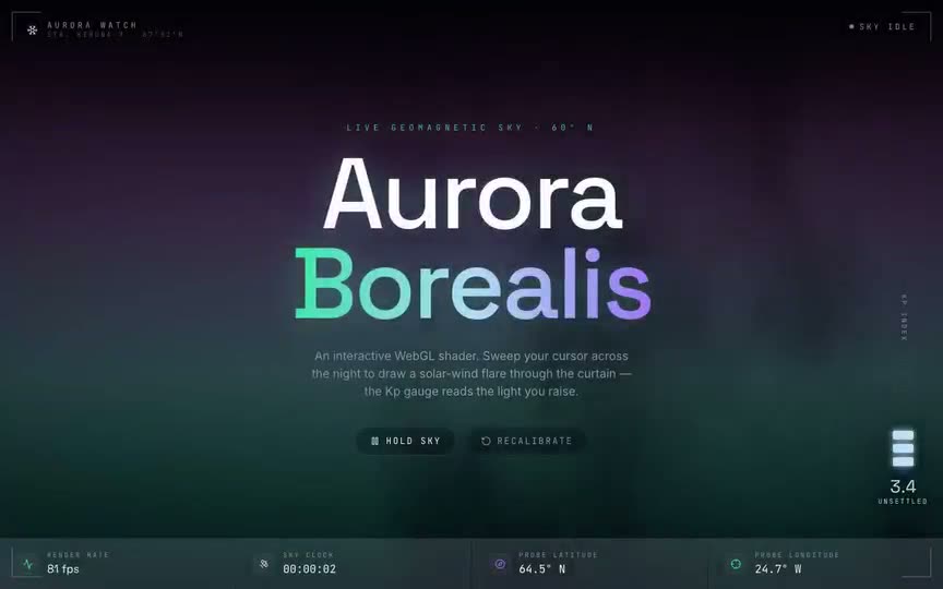 Frame from “Aurora Borealis Shader: "Aurora Watch" field-station console wrapping the brief's verbatim Thr” by @pulkitxm