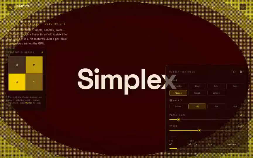 Frame from “Simplex Dithering Shader: shadcn/Tailwind v4/TS integration of the verbatim `DitheringShader` —” by @pulkitxm