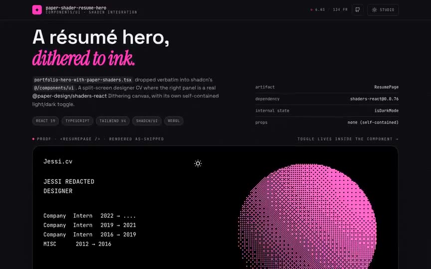 Frame from “Paper Shader Resume Hero: shadcn `components/ui` integration of the prompt's `portfolio-hero-wit” by @pulkitxm