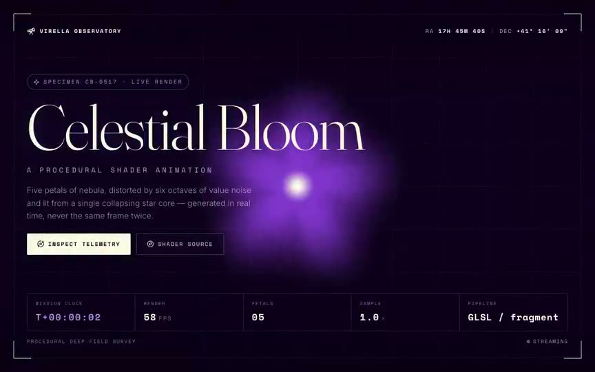 Frame from “Celestial Bloom Shader: Procedural GLSL "Celestial Bloom" fragment shader — a five-petalled ne” by @pulkitxm