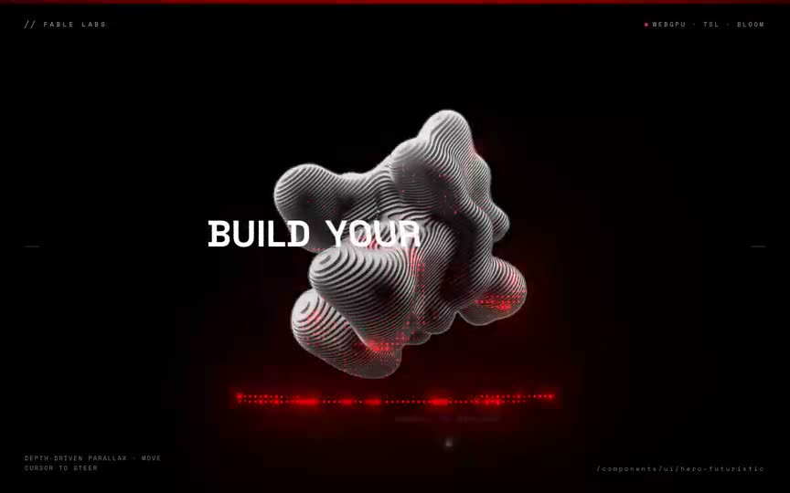 Frame from “Hero Futuristic Webgpu: Faithful shadcn integration of the **Hero Futuristic** component — a d” by @pulkitxm