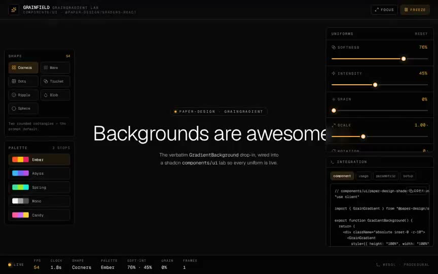Frame from “Grain Gradient Corners Lab: "GRAINFIELD" — the prompt's verbatim `GradientBackground` (a `@paper-d” by @pulkitxm