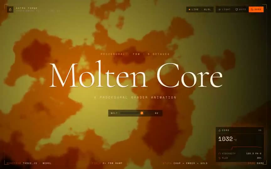 Frame from “Molten Core Shader: shadcn-style integration of the `MoltenCoreShader` component — a proce” by @pulkitxm