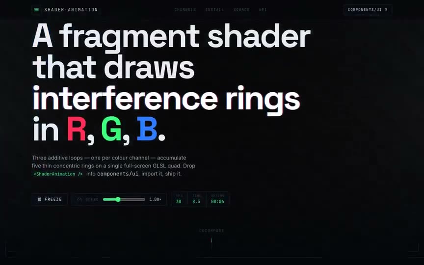 Frame from “Shader Flow Field Rings: shadcn/Tailwind/TypeScript integration of the prompt's `ShaderAnimatio” by @pulkitxm