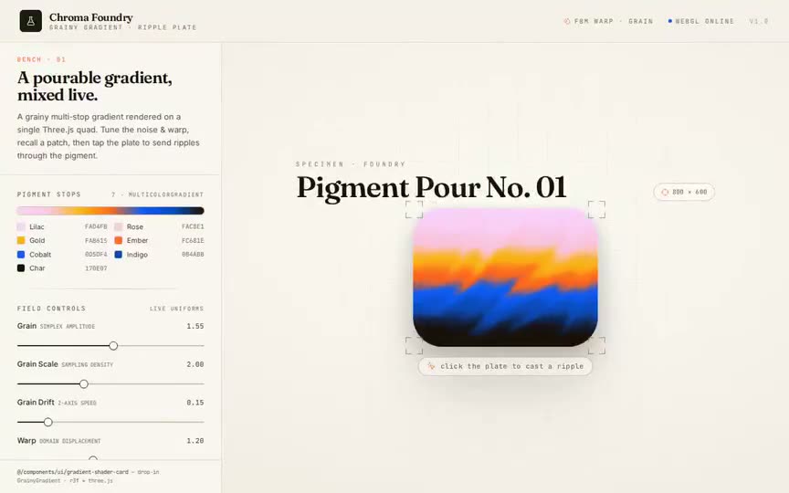 Frame from “Grainy Gradient Ripple Card: shadcn integration of the brief's verbatim `gradient-shader-card` — a” by @pulkitxm