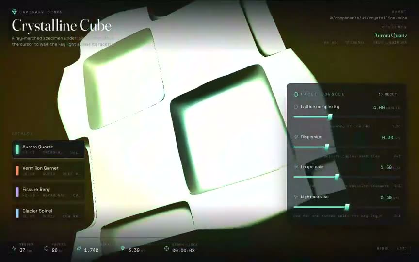 Frame from “Crystalline Cube Shader: shadcn-style integration of the verbatim WebGL "Crystalline Cube" comp” by @pulkitxm