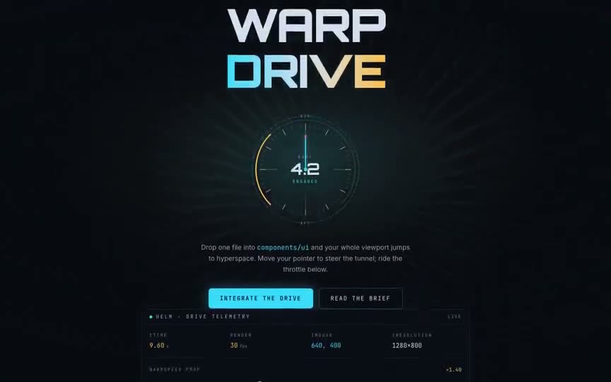 Frame from “Warp Drive Shader Bridge: "WARP DRIVE" starship-bridge integration of the prompt's verbatim WebG” by @pulkitxm