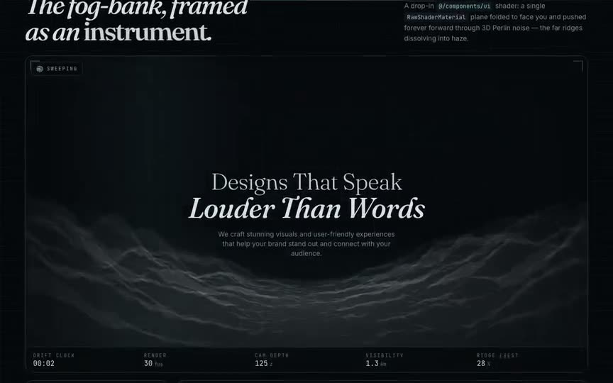 Frame from “Glsl Hills Shader: shadcn/Tailwind/TypeScript integration of the brief's verbatim `GLSLHi” by @pulkitxm