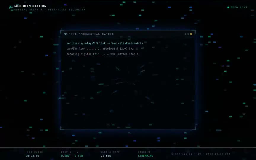 Frame from “Celestial Matrix Terminal: shadcn-style integration of the verbatim Three.js "Celestial Matrix" s” by @pulkitxm