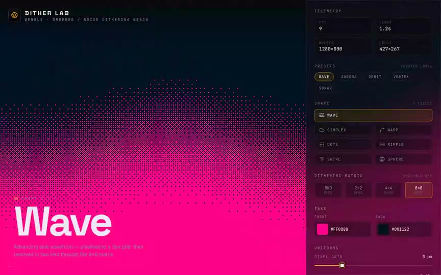 Frame from “Dithering Shader Lab: "DITHER LAB" darkroom instrument integrating the drop-in `DitheringSha” by @pulkitxm