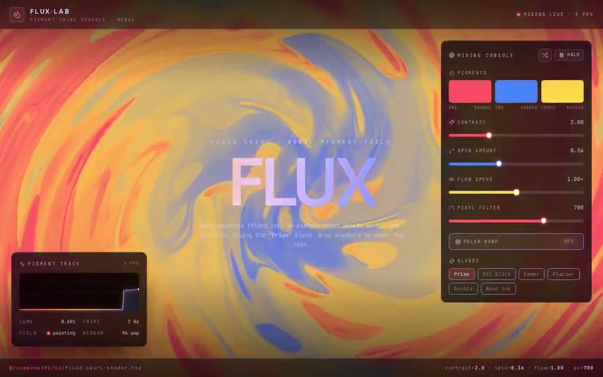 Frame from “Fluid Swirl Shader: shadcn/Tailwind/TypeScript integration of the prompt's verbatim `Fluid” by @pulkitxm