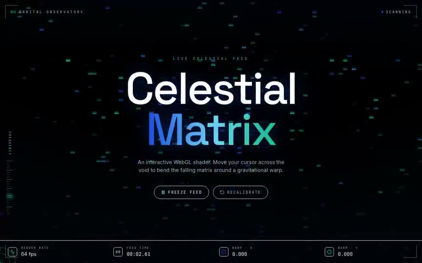 Frame from “Celestial Matrix Shader: shadcn-style integration of the verbatim Three.js "Celestial Matrix" s” by @pulkitxm
