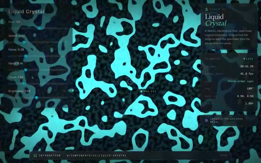 Frame from “Liquid Crystal Shader: shadcn-style integration of the verbatim raw-WebGL `liquid-crystal` co” by @pulkitxm