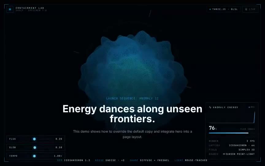 Frame from “Anomalous Matter Hero: shadcn/Tailwind/TypeScript integration of the `AnomalousMatterHero` —” by @pulkitxm