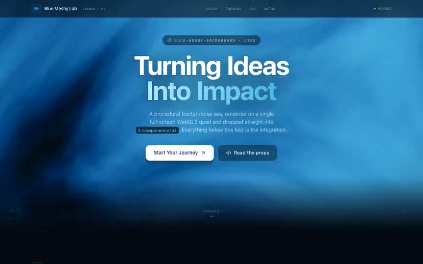 Frame from “Blue Meshy Shader Lab: Faithful shadcn integration of the verbatim WebGL2 "blue meshy" backgr” by @pulkitxm