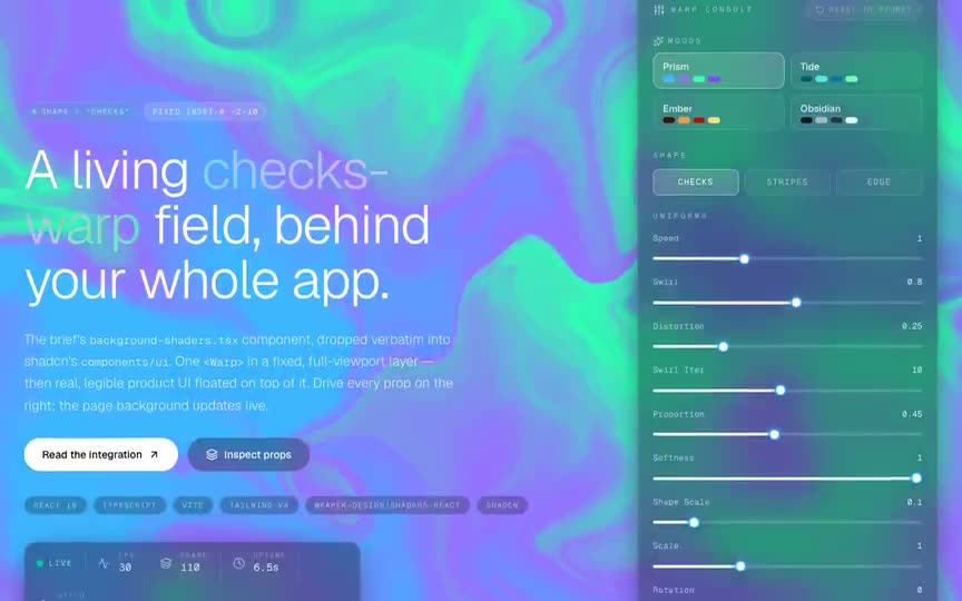 Frame from “Warp Checks Background Lab: shadcn integration of the prompt's `@paper-design/shaders-react` `<War” by @pulkitxm