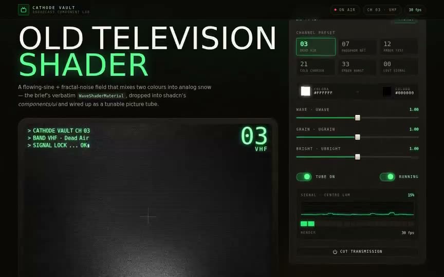 Frame from “Old Television Shader: shadcn/Tailwind/TypeScript integration of the brief's verbatim react-t” by @pulkitxm