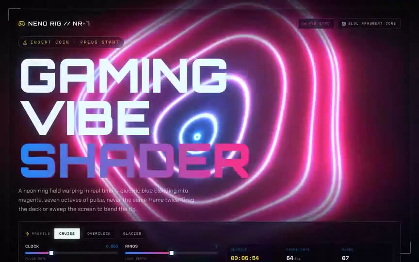 Frame from “Gaming Vibe Shader: shadcn-style integration of the brief's "Gaming vibe Shader" (`neno-sh” by @pulkitxm