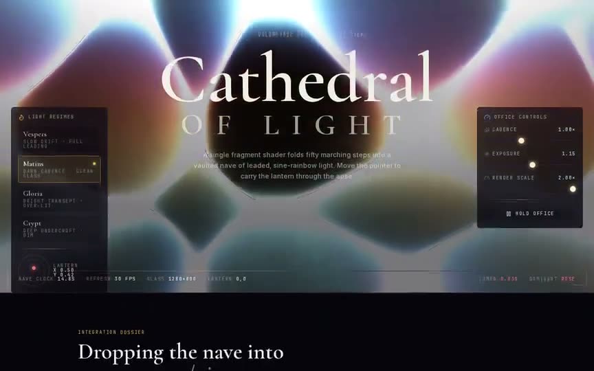 Frame from “Cathedral Raymarch Shader: "VAULTWORK · Cathedral of Light" — the prompt's verbatim WebGL2 volume” by @pulkitxm