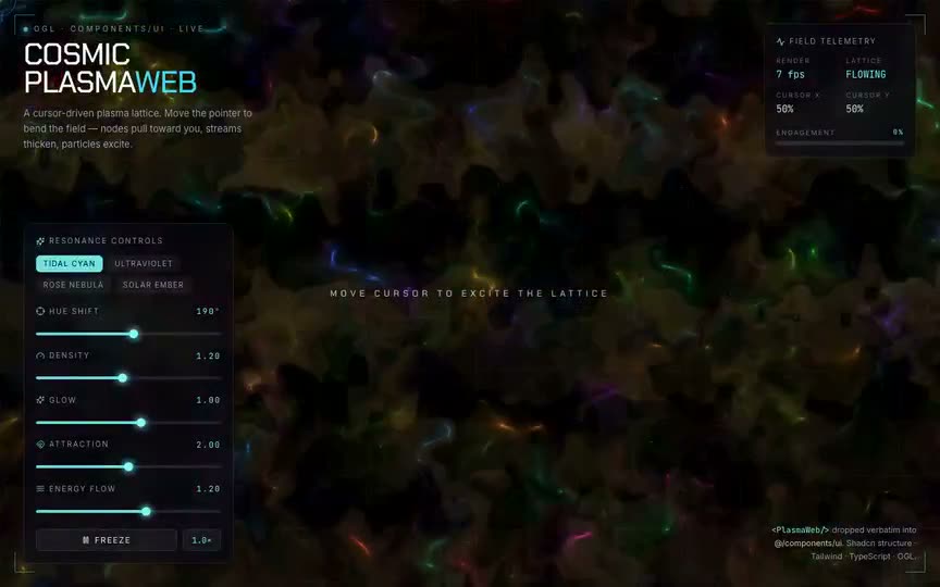 Frame from “Cosmic Plasma Web: shadcn integration of the brief's verbatim OGL `PlasmaWeb` shader (a l” by @pulkitxm