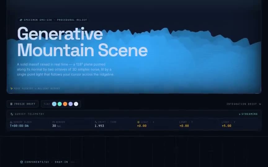 Frame from “Generative Mountain Scene: shadcn/Tailwind/TypeScript integration of the brief's `GenerativeMount” by @pulkitxm