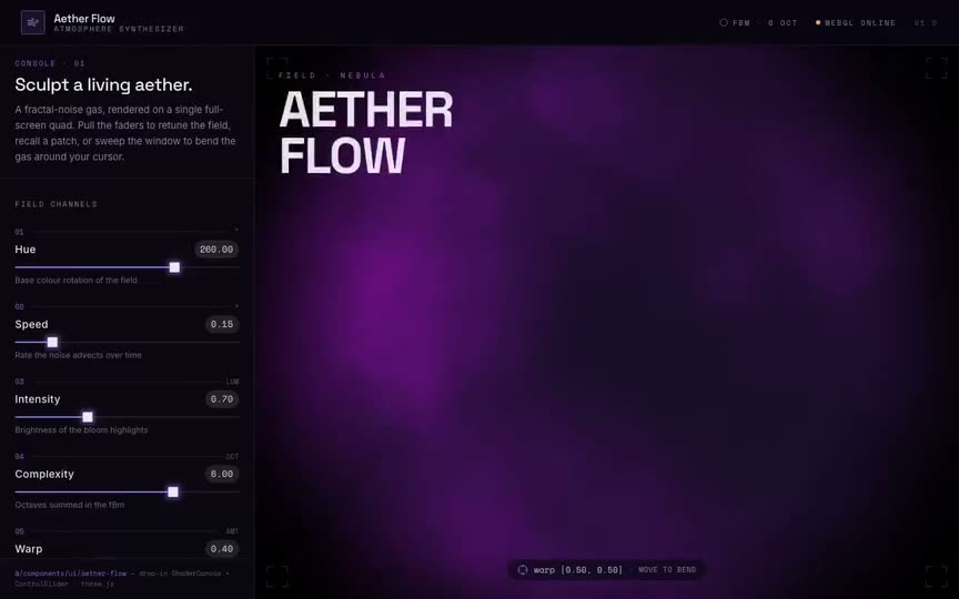 Frame from “Aether Flow Shader: Faithful shadcn integration of the **Aether Flow** component — a proce” by @pulkitxm
