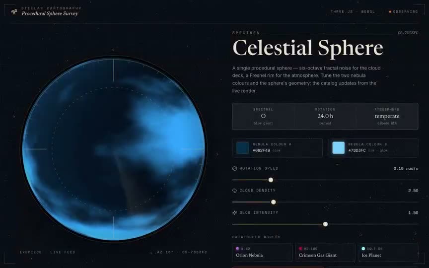 Frame from “Exoplanet Survey Shader: shadcn-style integration of the brief's verbatim Three.js "Celestial S” by @pulkitxm