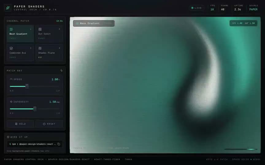 Frame from “Paper Shaders Control Deck: Instrument-console "Control Deck" for driving live WebGL shaders — fou” by @pulkitxm