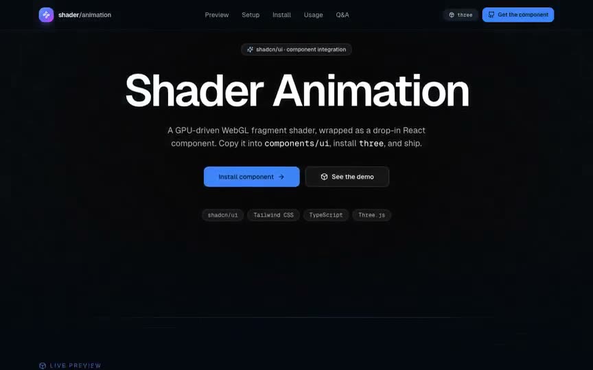 Frame from “Shader Animation Integration: shadcn/ui integration of a zero-prop Three.js WebGL fragment-shader co” by @pulkitxm