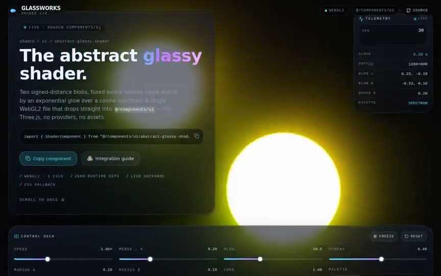 Frame from “Abstract Glassy Shader: GLASSWORKS — a drop-in WebGL2 metaball field (two SDF circles fused wi” by @pulkitxm